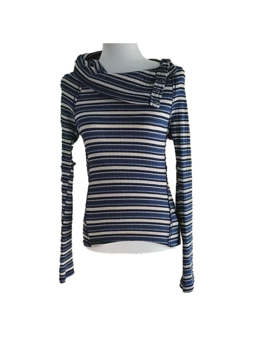 Free People/UO Striped Split Snap Cowlneck Top Size Large EUC